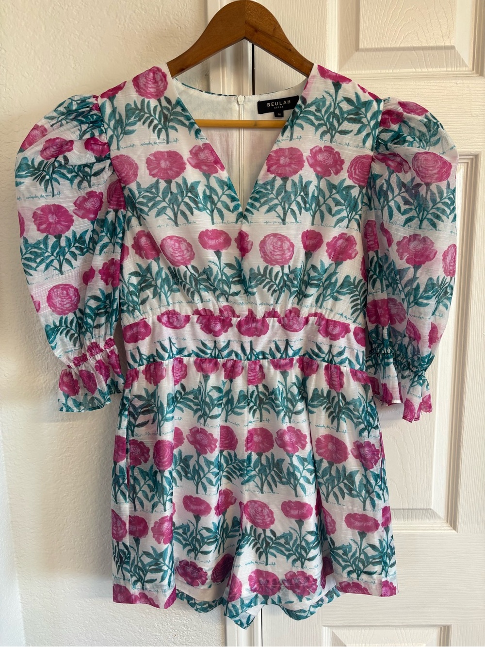 BEULAH Style Puff Sleeve Floral Pink Teal Romper Size am